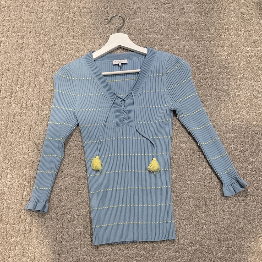 Sandro Blue Ribbed Knit Sweater with Yellow Accents